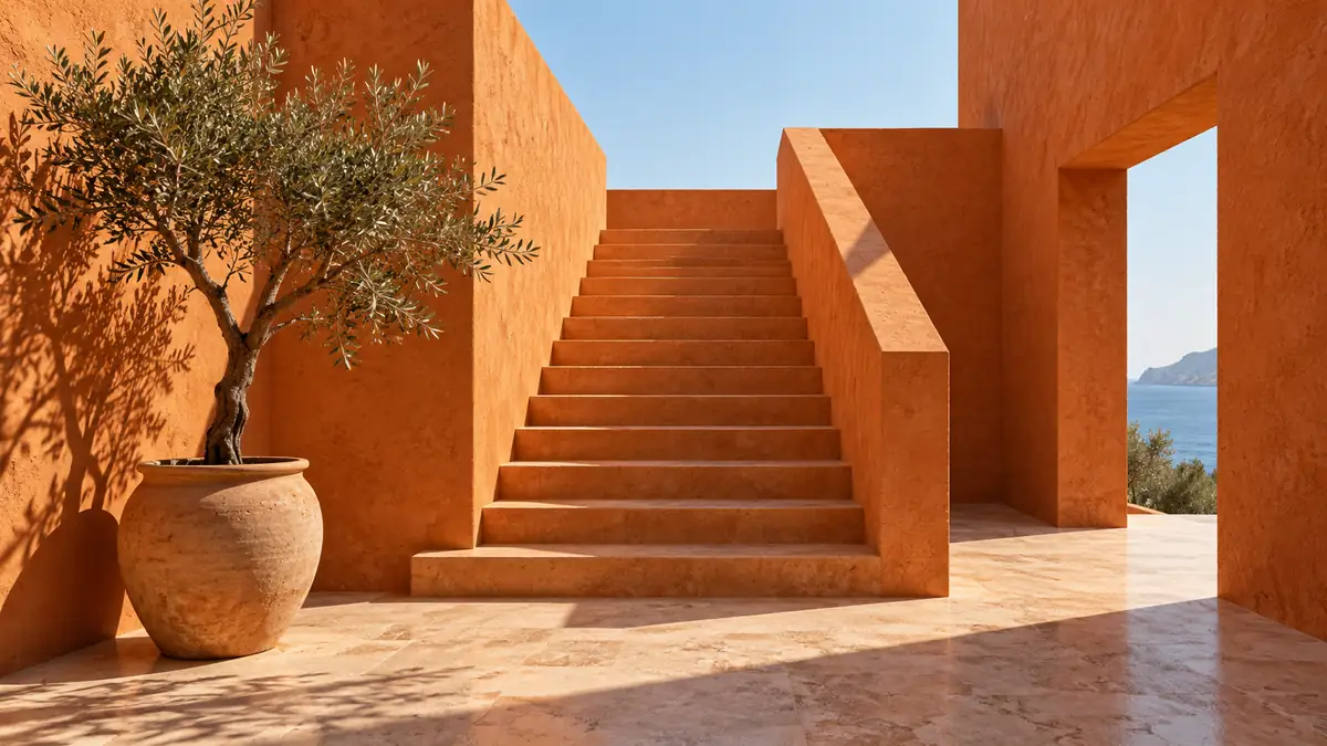 Escalier et volumes architecturaux aux tons terracotta
