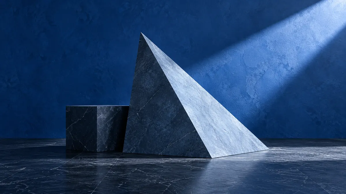 Volumes géométriques bleus évoquant une architecture numérique